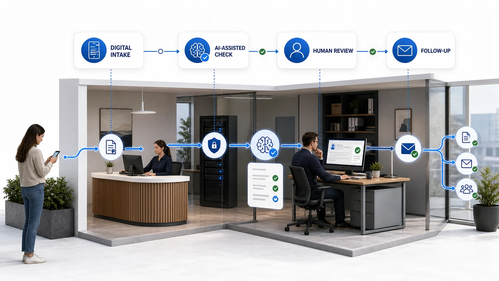 An AI-assisted workflow moving from structured intake through human review and follow-up